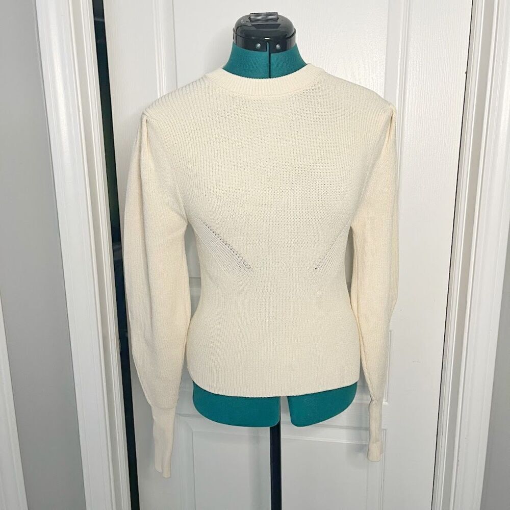 Zara NWT Knit Stretchy Ribbed Crew Neck Balloon Pleated Long Sleeve Slim Sweater
